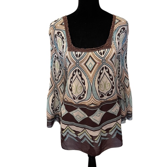 Y2K Nicola Brown & Blue Square Neck Bell Sleeve Top Whimsigoth Flowy Fairy 90s - Picture 1 of 11
